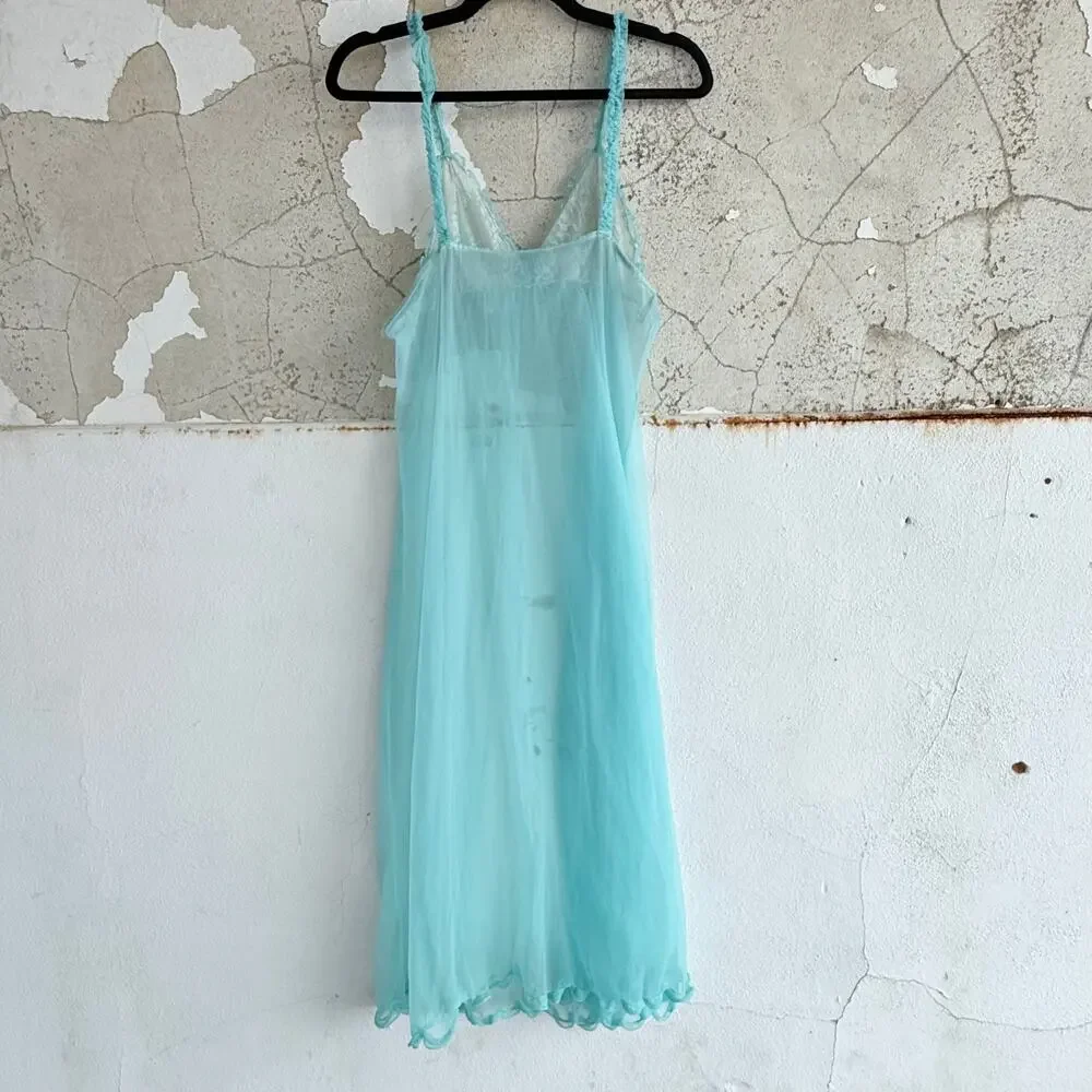 Vtg 60s Babydoll Nightgown Maxi Slip Dress Sheer Aqua‎ Chiffon Lettuce Hem Fairy - Picture 5 of 7